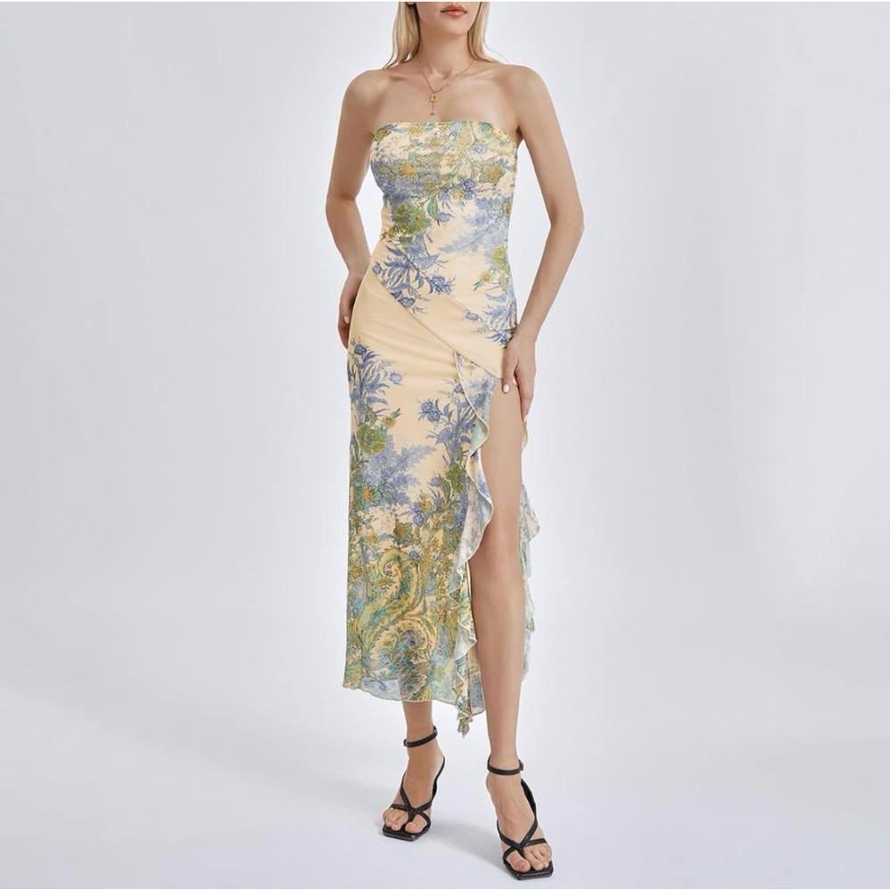 Women Tube Dress Y2k Ruffle Backless Floral Print Bodycon Maxi Dress Size Small